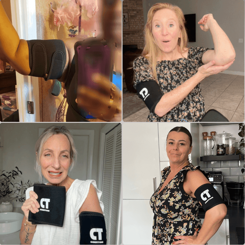 Four real Confitone customers wearing their arm sleeves at home